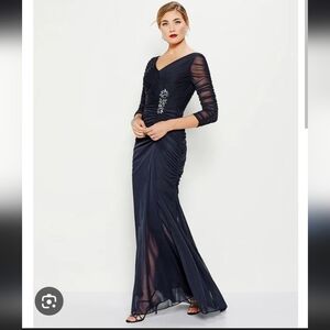 ADRIANNA PAPELL ink rouched mesh evening gown